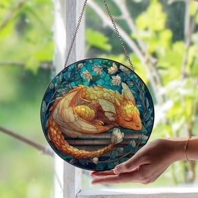 Dragon Resting On Book Glass Window Suncatcher – Fantasy Library Decor Panel, Bookish Dragon Art, Unique Gift For Readers, Suncatcher Window Hanging, 3.5 in
