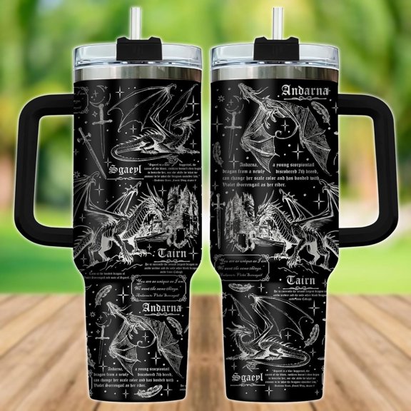 Dragon Rider 40oz Tumbler, Dark Fantasy Tumbler With Handle, Bookish Mug, Engraved Stainless Straw Lid, Fourth Wing Coffee Cup, Reader