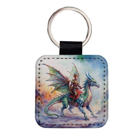 Dragon Rider Watercolor Faux Leather Square Keychain