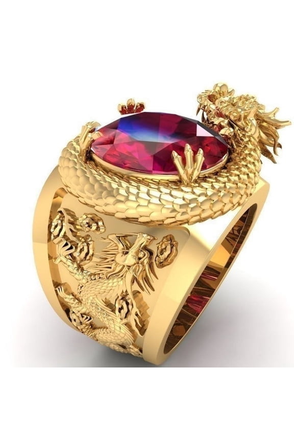Dragon Ring for Men, Norse Viking Dragon Head Ring, Red Crystal Dragon Ring, Gold Dragon Totem Amulet Ring, Retro Domineering Dragon Rings, Punk Animal Dragon Jewelry for Men mens