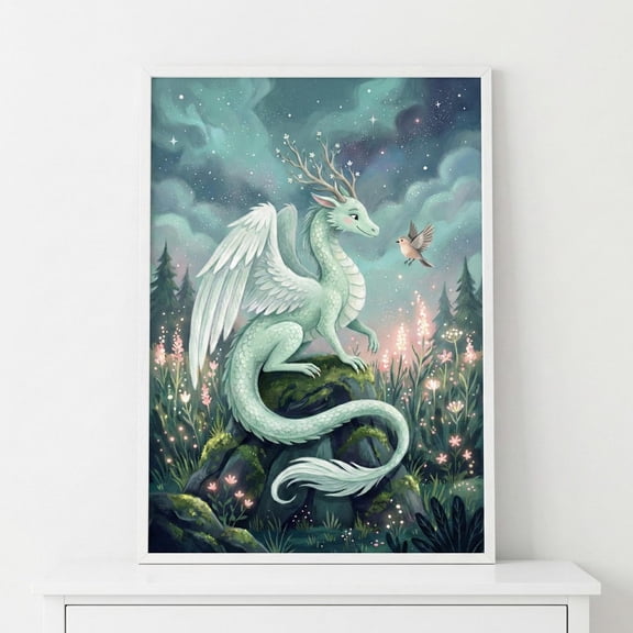 Dragon Room Wall Art Whimsical Nursery Decor Mint Green Dragon Illustration Enchanted Unframed Paper Print