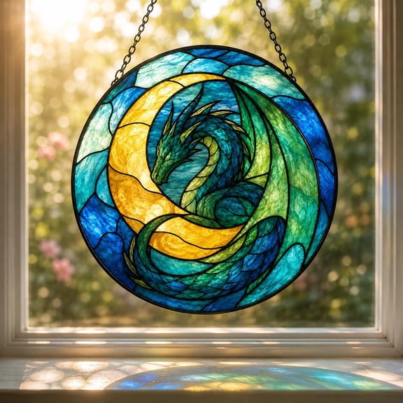 Dragon Round Faux Stained Glass Acrylic Suncatcher, Window Hanging Decor, Fantasy Lover Gift