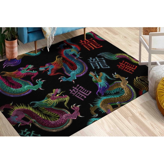 Dragon Rugs, Japanese Rug, Abstract Rugs, Modern Rug, Machine Washable Rug, Small Rug, Door Mat, Accent Rug, Customs Rug, Living Room Rug, 5.2'x7.5' - 160x230 cm