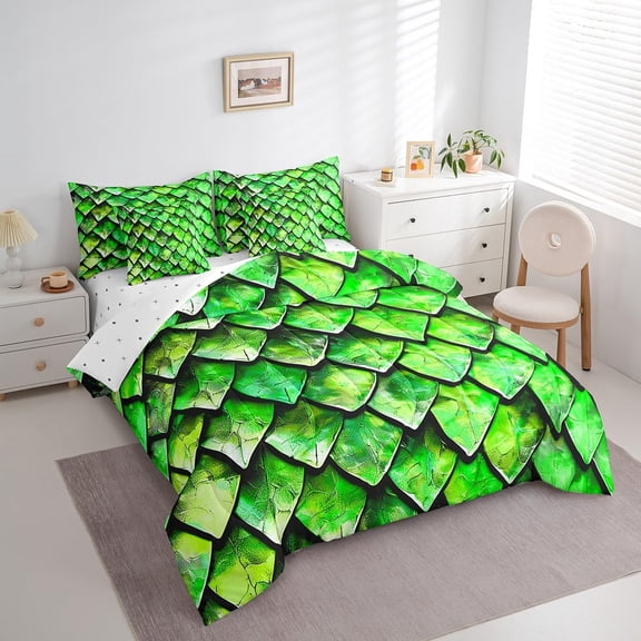 Dragon Scale Bedding Set 7 Piece Twin Comforter with Sheets Green Wild Animal Skin Glitter Psychedelic Decor