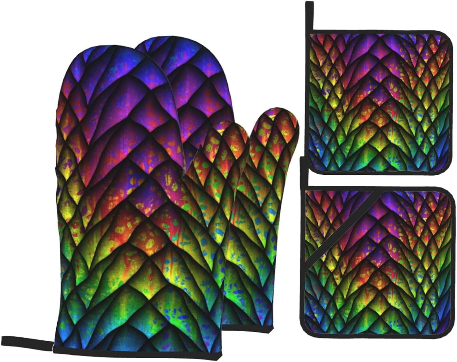 Dragon Scale Oven Mitts and Pot Holders 4 Pcs Set,High Heat Resistant 500 Degree Extra Thicken Long Kitchen Cotton Oven Glove for Cooking