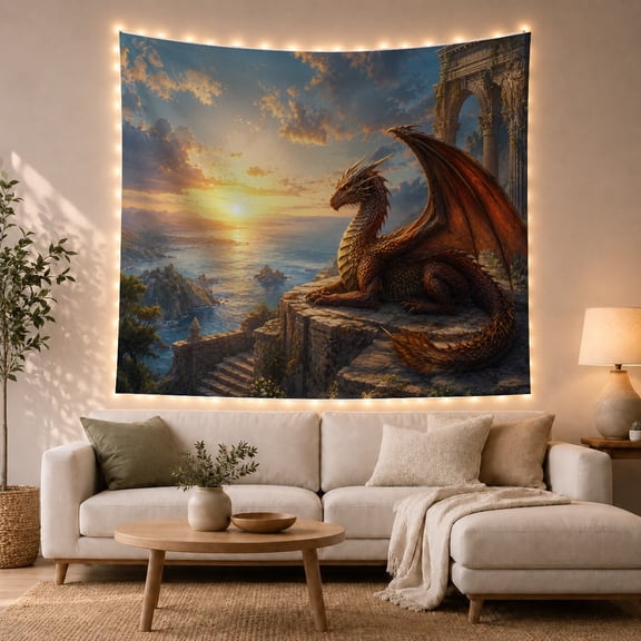 Dragon Scales Figure with Perched Rugged Rocky Cliff, Mystical Fantasy for Space Lovers, Galaxy Room Decor, Housewarming Gift, Tapestry Wall Hanging for Bedroom and Dorm