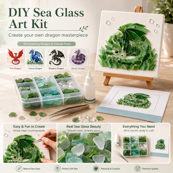 Dragon Sea Glass Art Kit for Adults, DIY Mosaic Craft Project with Dragon Pattern, Glass Pieces, Tweezers, Adhesive and Mini Easel, Creative Fantasy Art Gift