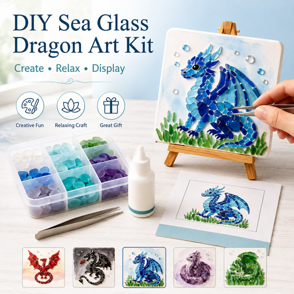 Dragon Sea Glass Art Kit for Adults, DIY Mosaic Craft Project with Dragon Pattern, Glass Pieces, Tweezers, Adhesive and Mini Easel, Creative Fantasy Art Gift