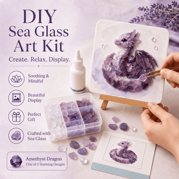 Dragon Sea Glass Art Kit for Adults, DIY Mosaic Craft Project with Dragon Pattern, Glass Pieces, Tweezers, Adhesive and Mini Easel, Creative Fantasy Art Gift