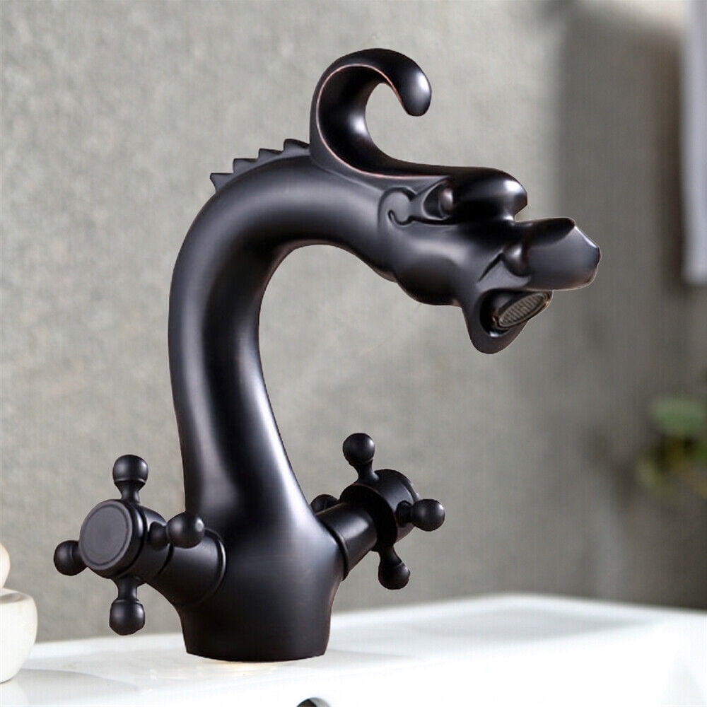Dragon Shape Oil Rubbed Brass Bathroom Sink Faucet, Waterfall Two-Handle One Hole Vessel Mixer Tap, Mixer Deck Mounted Taps, Basin Sink Faucet, Modern Lavatory Vanity Sink Tap
