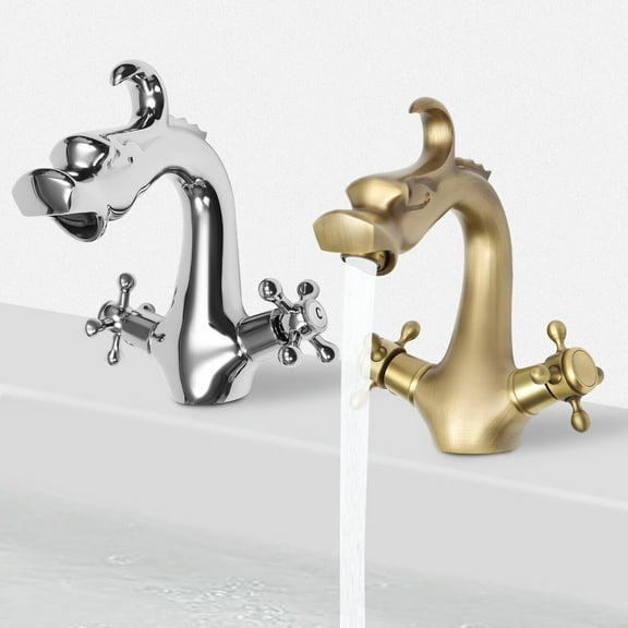 Dragon Shape Silver/Gold Two-Handle One Hole Bathroom Sink Mixer Tap Faucet for Homes, Restaurants, Shopping Centers