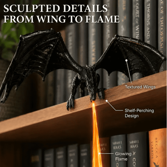 Dragon Shelf Light for Fantasy Book Lovers, Clip-On Black Dragon Sculpture With Simulated Flowing Flame Light, Gothic Ornament For Bookshelf Cabinet Mantel Display