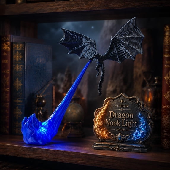 Dragon Shelf Light for Fantasy Book Lovers, Medieval Fantasy Dragon Statue With Fire Light Strip, Dark Aesthetic Lighting Ornament As Unique Collectible Gift (10.83"-C)