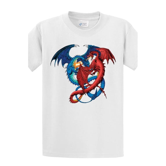 Dragon Short Sleeve T-shirt Red and Blue Dragons Fighting-White-5xl