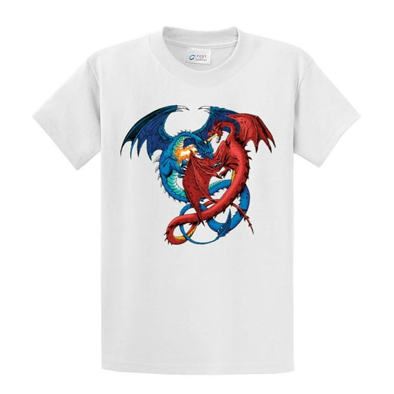 Dragon Short Sleeve T-shirt Red and Blue Dragons Fighting-White-Medium