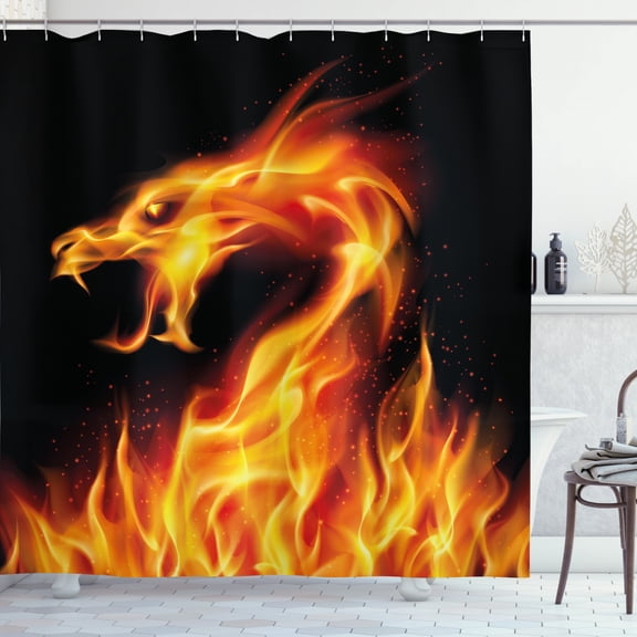 Dragon Shower Curtain, Abstract Fiery Creature on Black Background Legendary Fantastic Asian Illustration, Fabric Bathroom Set with Hooks, 69W X 75L Inches Long, Marigold Red, by Ambesonne