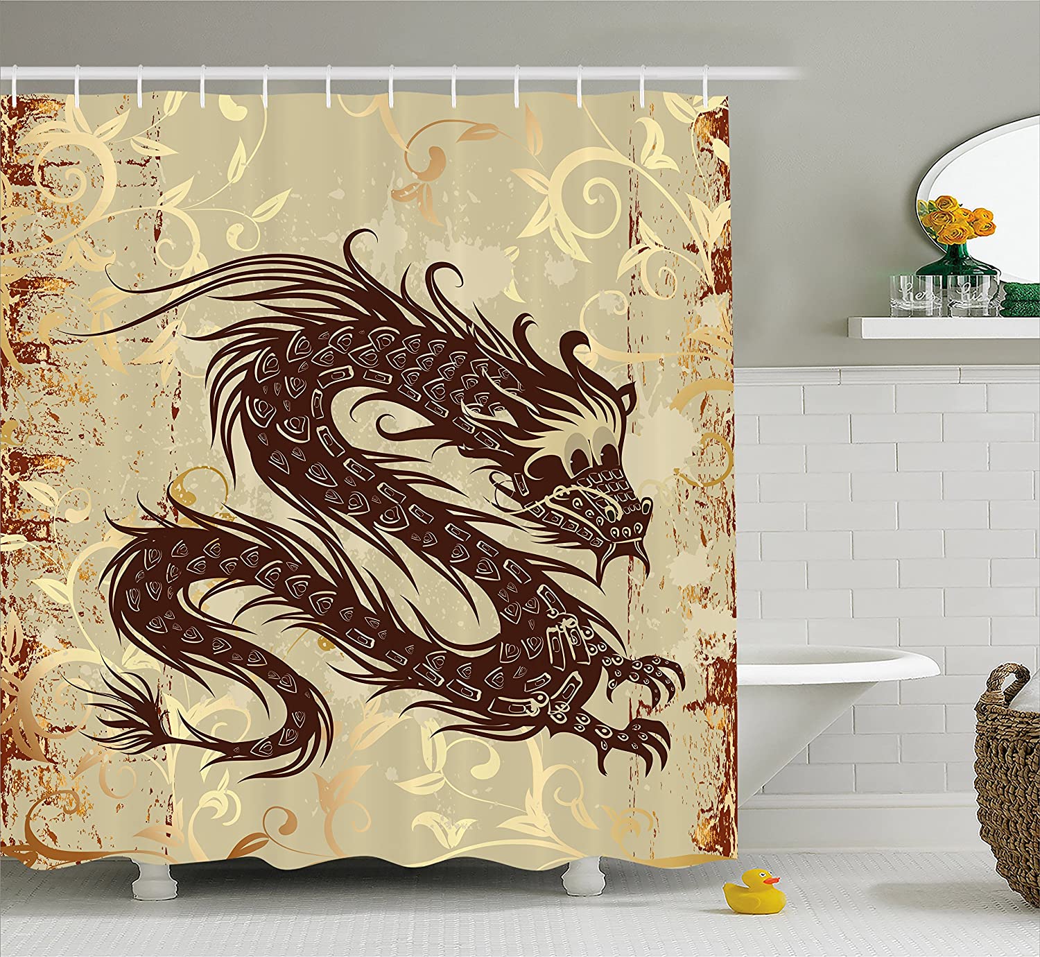 Dragon Shower Curtain Angry Fantasy World Creature on Grunge Back