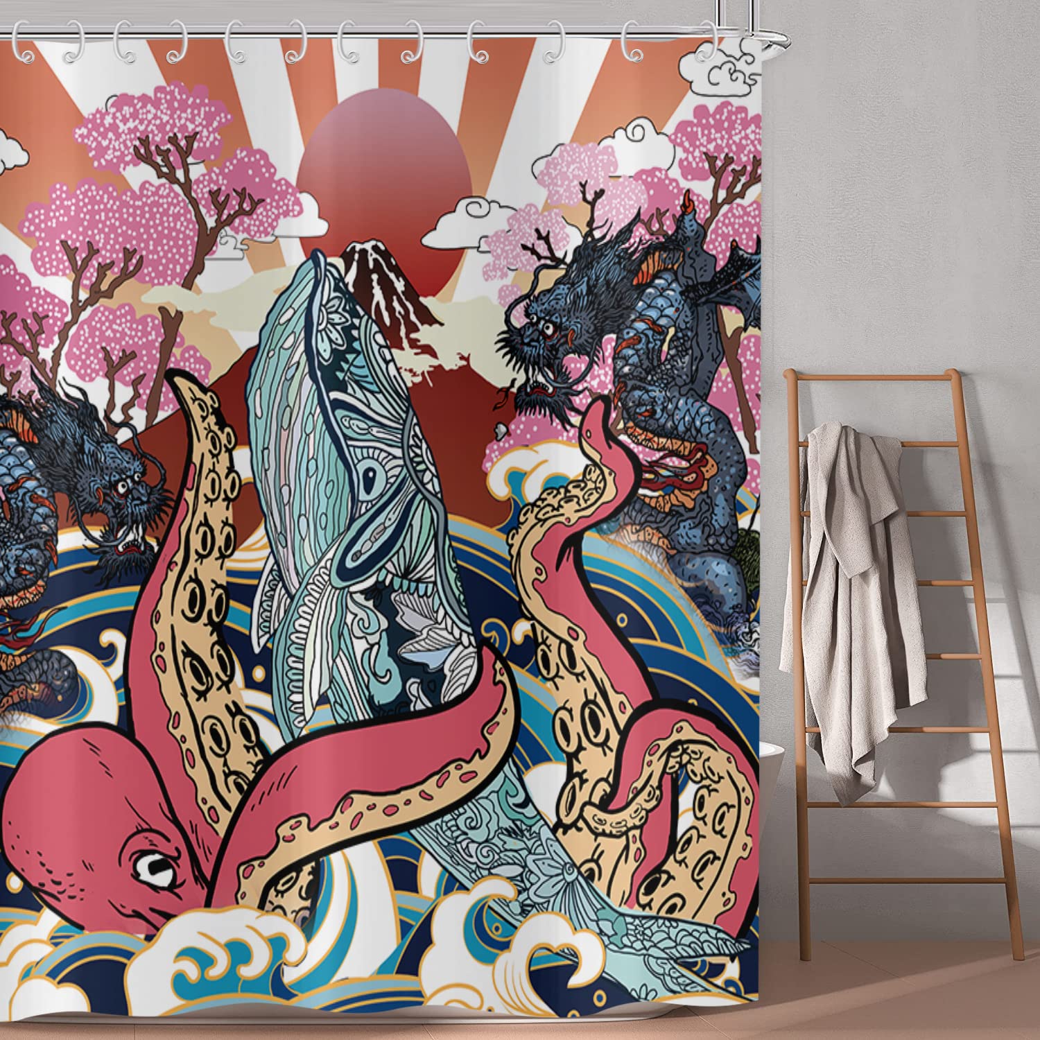 Dragon Shower Curtain Angry Fantasy World Creature on Grunge Back
