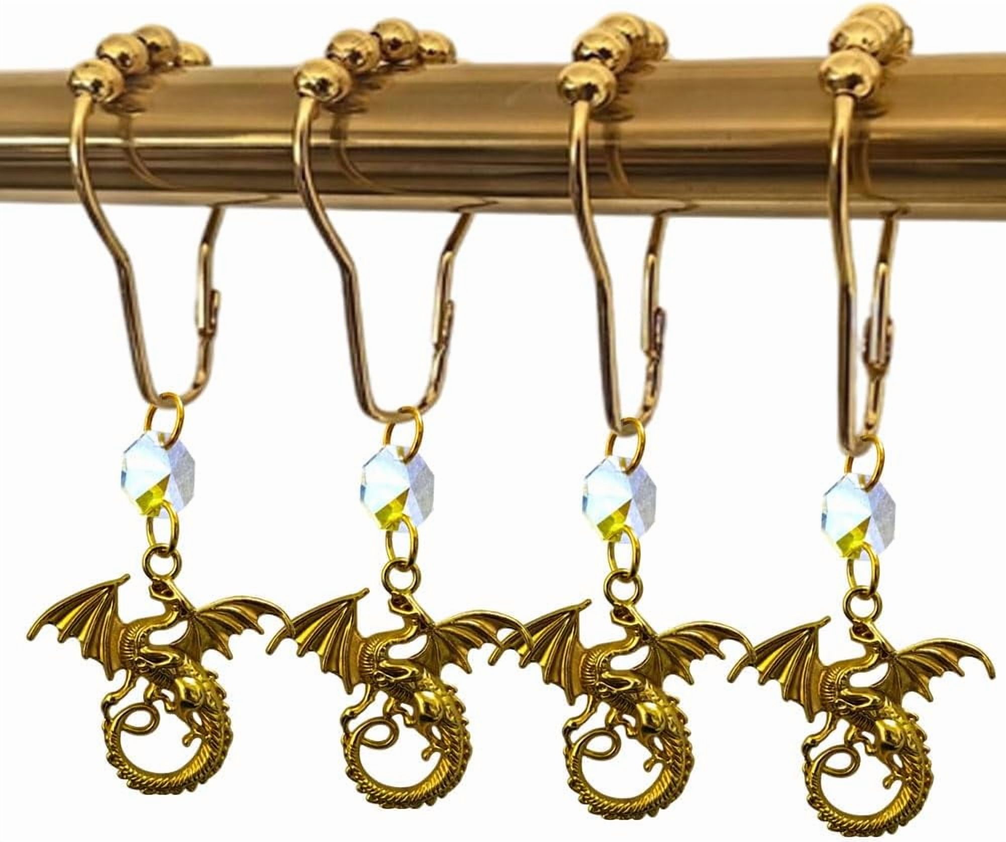 Dragon Shower Curtain Hooks for Bathroom, Rustproof Metal Gold Shower Curtain Rings Set of 12 with Fantastic Animal Dragons Gothic Medieval Fantasy Theme Bathroom Decor (Gold)