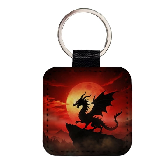 Dragon Silhouette Against A Red Sky Faux Leather Square Keychain