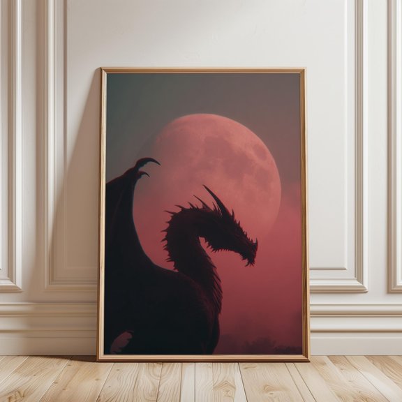 Dragon Silhouette Red Moon Print Fantasy Gothic Wall Art, Unframed Paper Print