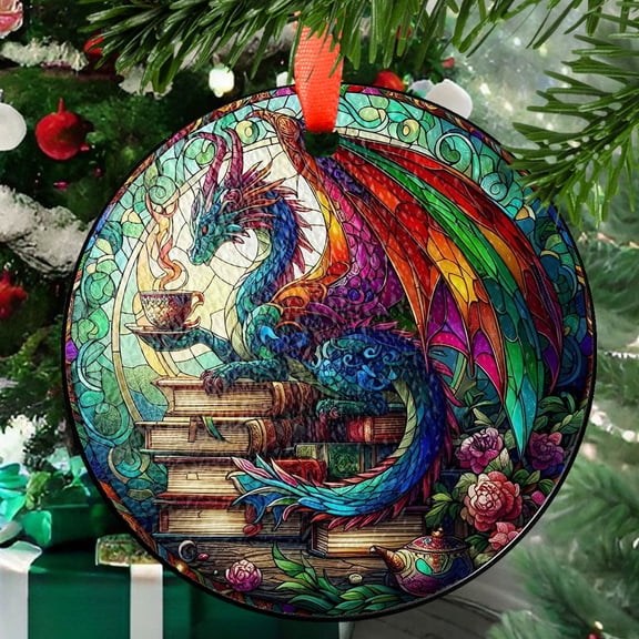 Dragon Sleeping on Books Ornament Suncatcher, Fantasy Book Lover Decor, Tea and Coffee Art, Mystical Window Hanging, Gift for Readers, 2025, Holiday 2025, Holiday Decoration,