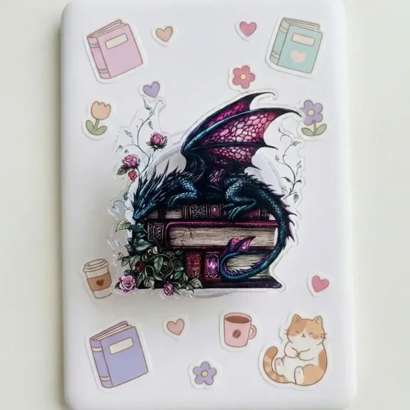 Dragon Sleeping on Books Phone Grip  Fantasy Bookish Accessory, Dark Floral Aesthetic Holder