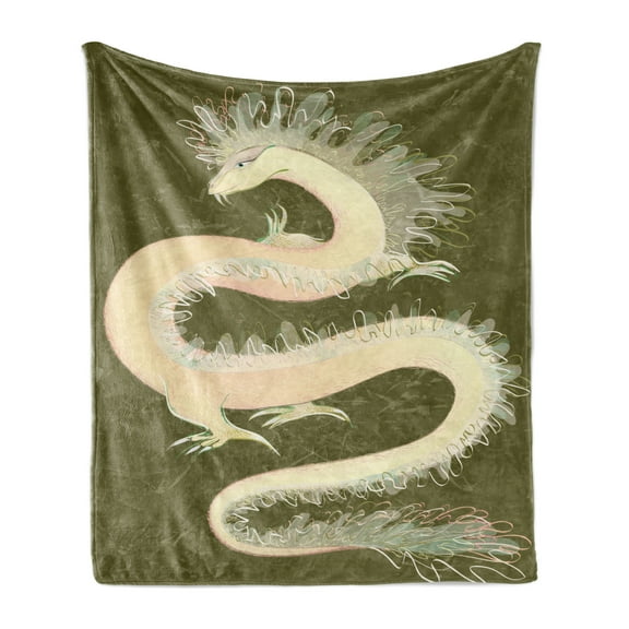Dragon Soft Flannel Fleece Blanket, Chinese Reptile Dragon Eastern Culture Medieval Themed Grunge Style Pattern, Cozy Plush for Indoor and Outdoor Use, 60" x 80", Yellow and Green, by Ambesonne