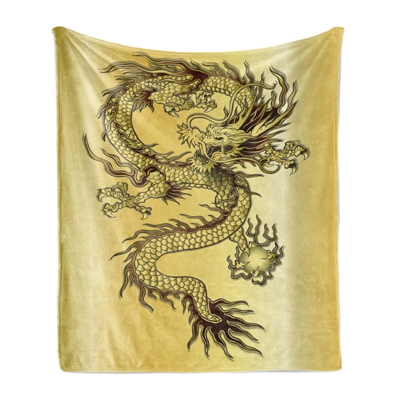 Dragon Soft Flannel Fleece Blanket, Chinese Snake Dragon Theme Background Eastern Oriental Abstract Art Graphic, Cozy Plush for Indoor and Outdoor Use, 70" x 90", Mustard and Black, by Ambesonne