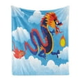 thumbnail image 1 of Dragon Soft Flannel Fleece Blanket, Surreal Folk Tale Creature Spitting Flame on Clouds Chinese Cartoon Art, Cozy Plush for Indoor and Outdoor Use, 50" x 70", Sky Blue Orange Indigo, by Ambesonne, 1 of 5
