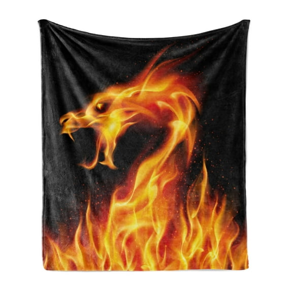Dragon Soft Flannel Fleece Throw Blanket, Abstract Fiery Creature on Black Background Illustration, Cozy Plush for Indoor and Outdoor Use, 50" x 60", Orange Black, by Ambesonne