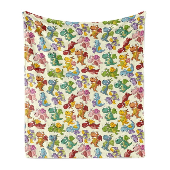 Dragon Soft Flannel Fleece Throw Blanket, Cartoon Dragons Silly Expressions Colorful Flying Fantasy Fairy Tale Characters, Cozy Plush for Indoor and Outdoor Use, 60" x 80", Multicolor, by Ambesonne