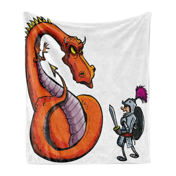 Dragon Soft Flannel Fleece Throw Blanket, Cartoon of a Knight Facing a Fierce Spitting Character Medieval Humor Sketch, Cozy Plush for Indoor and Outdoor Use, 60" x 80", Multicolor, by Ambesonne
