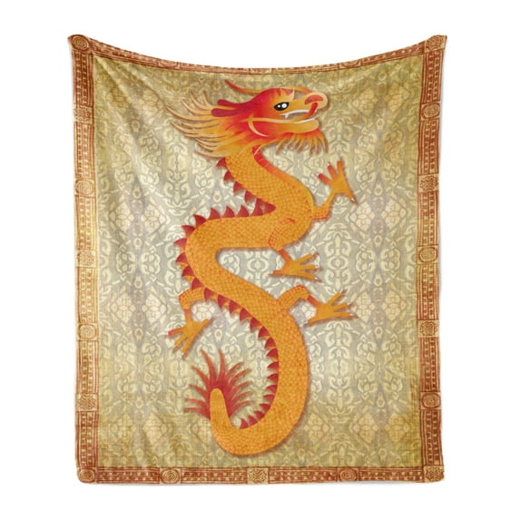 Dragon Soft Flannel Fleece Throw Blanket, Chinese Folk Elements Cartoon Style Serpent with Traditional Motifs, Cozy Plush for Indoor and Outdoor Use, 60" x 80", Orange Vermilion Apricot, by Ambesonne