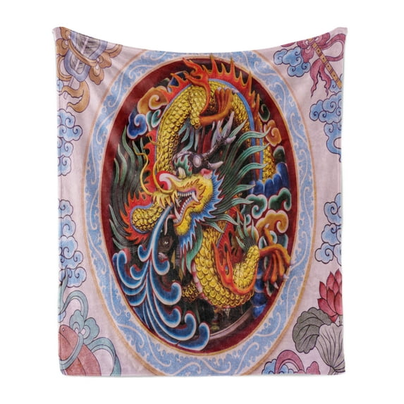Dragon Soft Flannel Fleece Throw Blanket, Chinese Horns Mane and Claws Flower Ornament Mythical Creature Monster, Cozy Plush for Indoor and Outdoor Use, 70" x 90", Yellow Blue, by Ambesonne