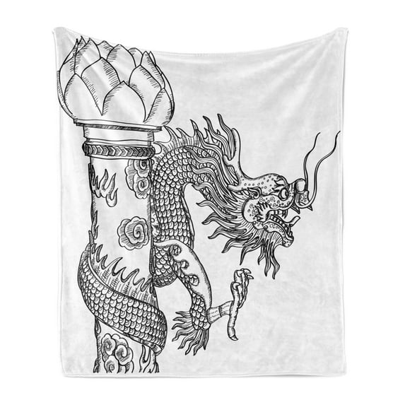 Dragon Soft Flannel Fleece Throw Blanket, Chinese Style Creature Sketch Medieval Monster Fantasy Tattoo Image, Cozy Plush for Indoor and Outdoor Use, 70" x 90", Black White, by Ambesonne