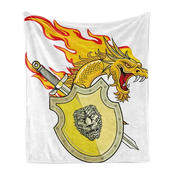 Dragon Soft Flannel Fleece Throw Blanket, Creature with Royal Shield Hero Knight Medieval Times Print, Cozy Plush for Indoor and Outdoor Use, 50" x 60", Marigold Pistachio Green, by Ambesonne