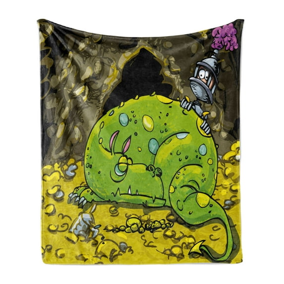 Dragon Soft Flannel Fleece Throw Blanket, Creature Sleeping on a Pile of Gold and Scared Knight Peering over Kids Cartoon, Cozy Plush for Indoor and Outdoor Use, 70" x 90", Multicolor, by Ambesonne