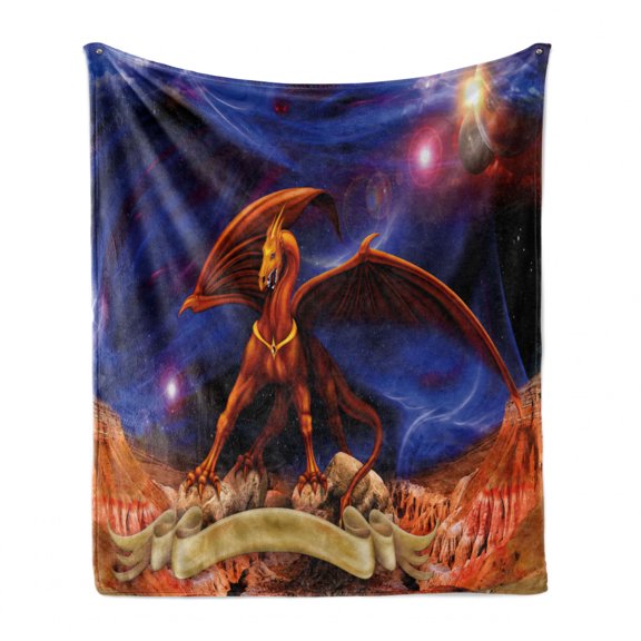 Dragon Soft Flannel Fleece Throw Blanket, Fantasy Scene Animal Knight Against Cosmos Galaxy Planetary Space Background, Cozy Plush for Indoor and Outdoor Use, 50" x 60", Blue Cinnamon, by Ambesonne