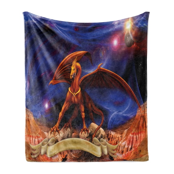 Dragon Soft Flannel Fleece Throw Blanket, Fantasy Scene Animal Knight Against Cosmos Galaxy Planetary Space Background, Cozy Plush for Indoor and Outdoor Use, 60" x 80", Blue Cinnamon, by Ambesonne