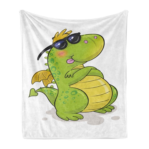 Dragon Soft Flannel Fleece Throw Blanket, Funny Cartoon Style Character in Sunglasses Childish Summer Vibes, Cozy Plush for Indoor and Outdoor Use, 50" x 60", Apple Green Multicolor, by Ambesonne