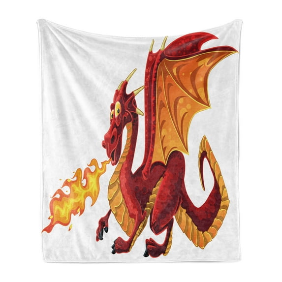 Dragon Soft Flannel Fleece Throw Blanket, Funny Spitting Winged Cartoon Mascot Playroom Childish Princess Illustration, Cozy Plush for Indoor and Outdoor Use, 50" x 70", Orange Red, by Ambesonne