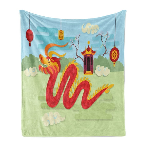 Dragon Soft Flannel Fleece Throw Blanket, Illustration of Chinese Pavilion Bushes and Grass on the Background, Cozy Plush for Indoor and Outdoor Use, 60" x 80", Multicolor, by Ambesonne