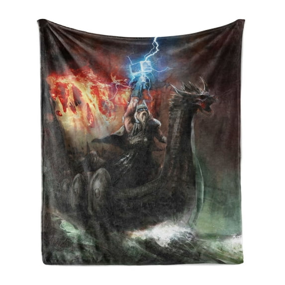 Dragon Soft Flannel Fleece Throw Blanket, Imaginary Wrath of Vikings Royal Boat Animal Head Storm Rays, Cozy Plush for Indoor and Outdoor Use, 70" x 90", Multicolor, by Ambesonne