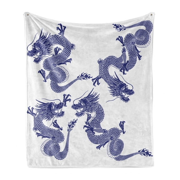Dragon Soft Flannel Fleece Throw Blanket, Indigenous Japanese Dragons White Background Vitality Creatures Myth Print, Cozy Plush for Indoor and Outdoor Use, 50" x 60", Blue, by Ambesonne