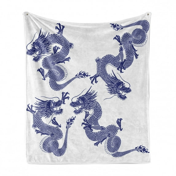 Dragon Soft Flannel Fleece Throw Blanket, Indigenous Japanese Dragons White Background Vitality Creatures Myth Print, Cozy Plush for Indoor and Outdoor Use, 50" x 60", Blue, by Ambesonne