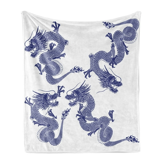 Dragon Soft Flannel Fleece Throw Blanket, Indigenous Japanese Dragons White Background Vitality Creatures Myth Print, Cozy Plush for Indoor and Outdoor Use, 50" x 70", Blue, by Ambesonne