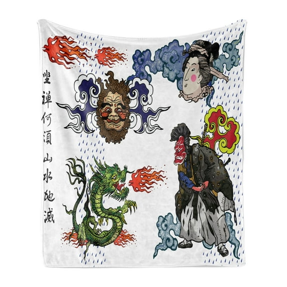 Dragon Soft Flannel Fleece Throw Blanket, Japanese Manga Dragon with a Man with Kimono Geisha Tribal Characters, Cozy Plush for Indoor and Outdoor Use, 50" x 70", Green Blue, by Ambesonne
