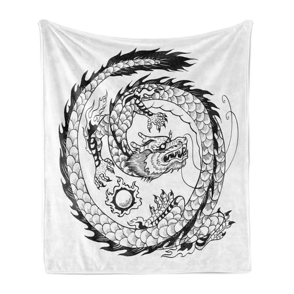 Dragon Soft Flannel Fleece Throw Blanket, Japanese Swirled Dragon Pattern Folk Heritage Illustration, Cozy Plush for Indoor and Outdoor Use, 50" x 70", White and Black, by Ambesonne