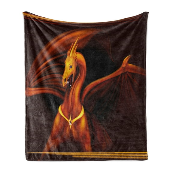 Dragon Soft Flannel Fleece Throw Blanket, Legandary Tricorn Dragon on Dark Background Wild Animal Picture, Cozy Plush for Indoor and Outdoor Use, 60" x 80", Burgundy Dark Orange, by Ambesonne